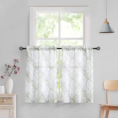 FMFUNCTEX Sage Green Kitchen Curtains, Semi Sheer Linen Tiers for Bathroom, Cafe, 24 Inch Length, 2 Panels