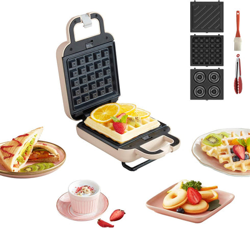 LIVEN Mini Waffle Maker with 3 Shapes Removable Plates, Electric Non-Stick Breakfast Machine, Pink