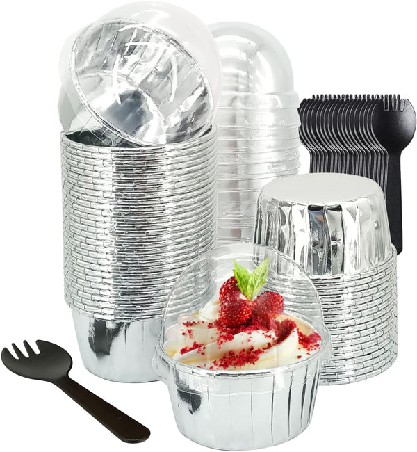 50 Pack Foil Cupcake Liners with Dome Lids, LNYZQUS 5.5 Oz Large Muffin Cups, Disposable