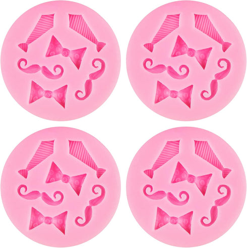 AUEAR Set of 4 Mini Bow-Ties Necktie Mustache Silicone Mold for Fondant Cake, Chocolate, Baking Tools, Pink