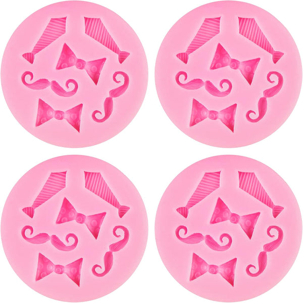 AUEAR Set of 4 Mini Bow-Ties Necktie Mustache Silicone Mold for Fondant Cake, Chocolate, Baking Tools, Pink