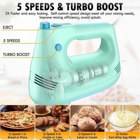 Electric Hand Mixer with Stainless Steel Whisk, Dough Hook, Storage Bag, Handheld Mixer for Baking, Turbo Boost, Green