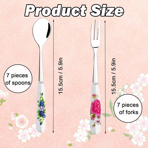 14 Pcs Dessert Forks and Spoons Silverware Set,Stainless Steel Cutlery Forks,Mini Coffee Spoons Pastry Forks with Porcelain Handles,Cake Forks Tea Spoons for Dessert Appetizers,Salad,Fruit by xlehoely