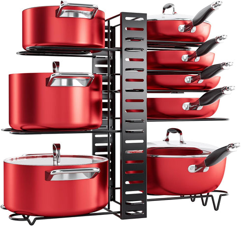 MUDEELA Pots and Pans Organizer Rack, 8-Tier Kitchen Storage Pot Racks, Adjustable Organizers with 3 DIY Methods