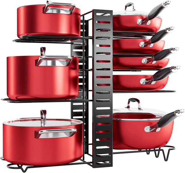 MUDEELA Pots and Pans Organizer Rack, 8-Tier Kitchen Storage Pot Racks, Adjustable Organizers with 3 DIY Methods