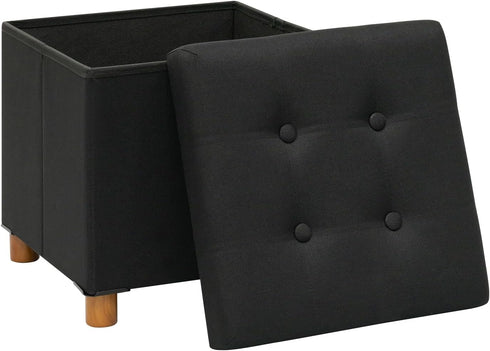 15" 15" 15"Black PINPLUS Storage Ottoman Cube, White Linen Footrest with Wooden Legs, Foldable Fabric Footrest