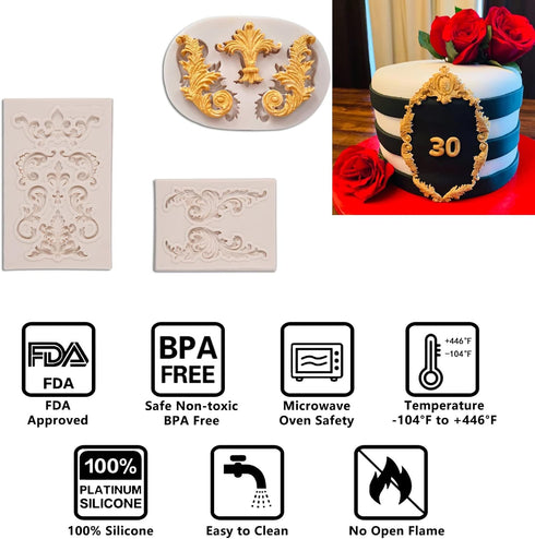 Baroque Silicone Fondant Molds, 4 Pack Scrolls Border Feather Crown Corner Molds for Cake Decorating