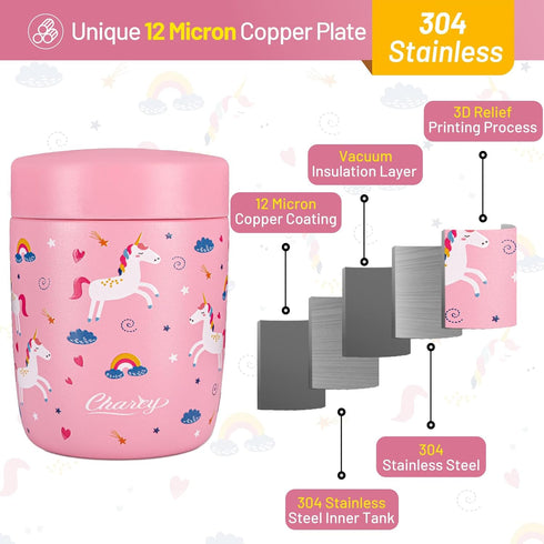 9oz Charcy Stainless Steel Vacuum Insulated Kids Food Jar - Soup Thermo for Hot & Cold Food - Pink Unicorn W