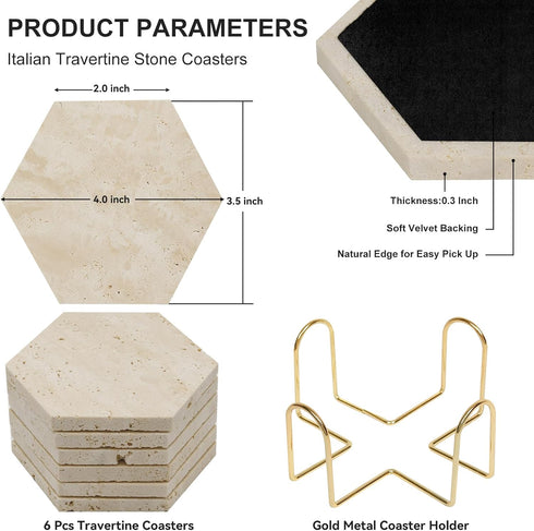 YONGHEE Set 6 Travertine Coasters of with Holder, Hexagonal Rustic Farmhouse Beige Marble Drink Coasters for Coffee