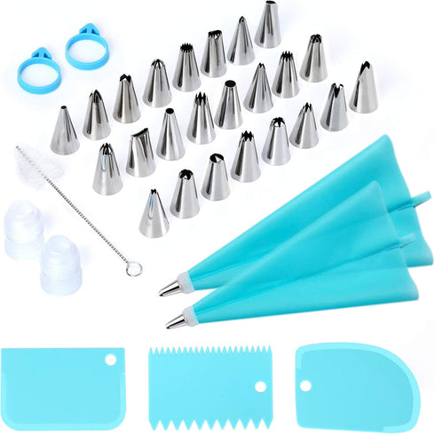 34Pcs Piping Bags and Tips Set - Bake Cake Decorating Kit with 24 Stainless Steel Tips and Reusable Silicone Bags