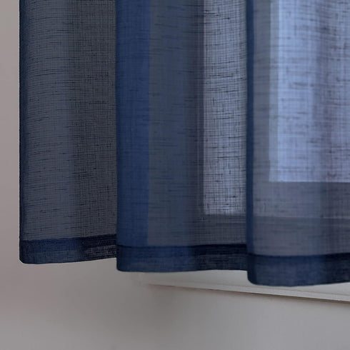 Navy Kitchen Curtains, 36 Inch Length for Basement Window, Semi Sheer Faux Linen Short Cafe Tier Drapes