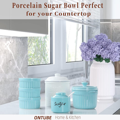 ONTUBE Ceramic Sugar Bowl with Lid and Spoon, Porcelain Sugar Pot, 8oz (Turquoise)
