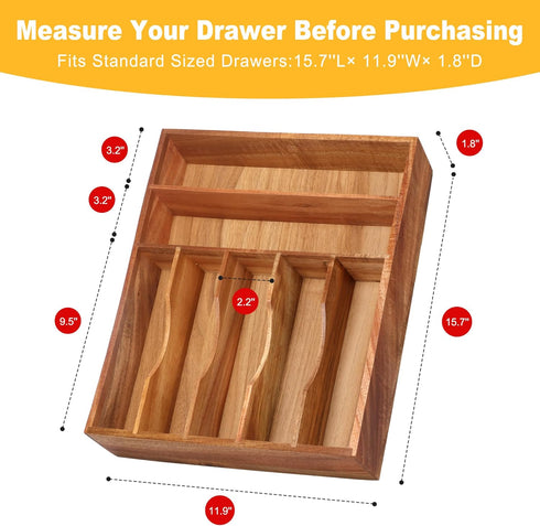 Kitchen Drawer Organizer - Acacia Silverware Holder, Extra Deep Grooved Divider, 7 Slots Cutlery Organizer Flatware Tray