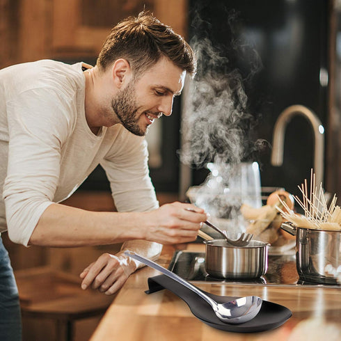 Stainless Steel Spoon Rest, 9.8 x 3.7 Inch - Spatula Ladle Holder, Brushed Finish, Dishwasher Safe (Black 1PC)