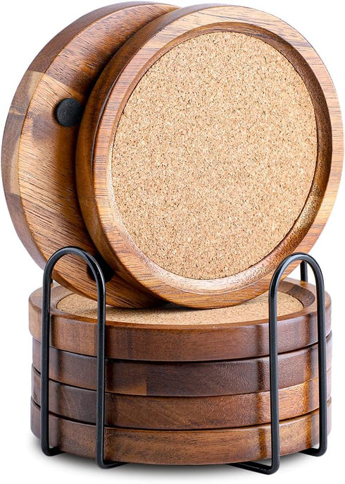 WLWNWFT Wood Cork Coasters for Drinks Absorbent with Holder, WLWNWFT Acacia Wood