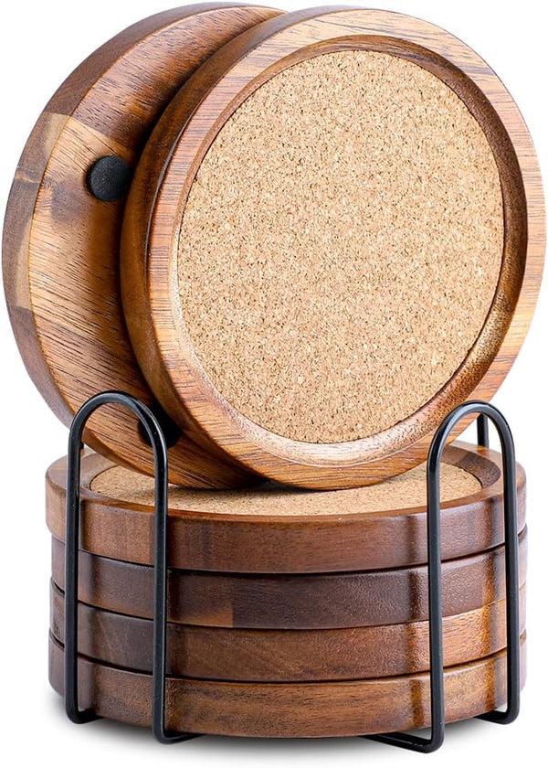 WLWNWFT Wood Cork Coasters for Drinks Absorbent with Holder, WLWNWFT Acacia Wood