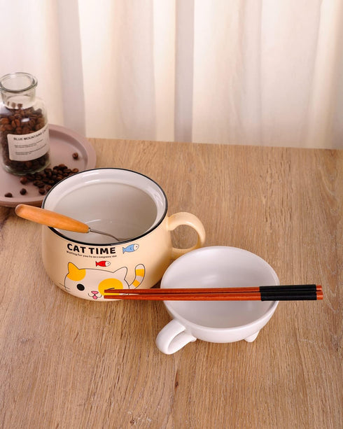 WHJY Cute Ramen Bowl Set, 35 oz Kitty Ramen Cooker with Lid, Microwavable Instant Ramen Noodles Soup Cups, Grey