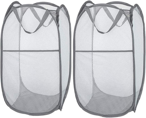 Larpur 2 Pcs Popup Mesh Laundry Baskets, Collapsible Portable Clothes Hampers with Reinforced Carry Handles, Gray