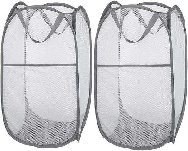 Larpur 2 Pcs Popup Mesh Laundry Baskets, Collapsible Portable Clothes Hampers with Reinforced Carry Handles, Gray