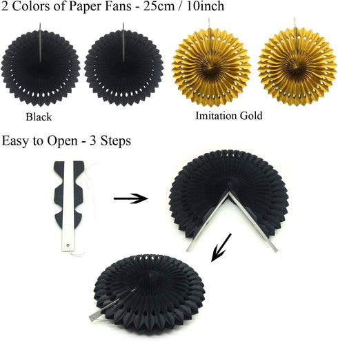 ZERODECO Party Decoration, 21 Pcs Black and Gold Hanging Paper Fans, Pom Poms, Garlands for Birthday Wedding Décor