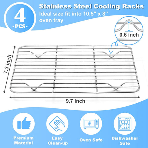 P&P CHEF 4-Piece Baking Cooling Rack Set - Stainless Steel Wire Racks for Oven Use, Healthy & Dishwasher Safe, 9.7 Inch