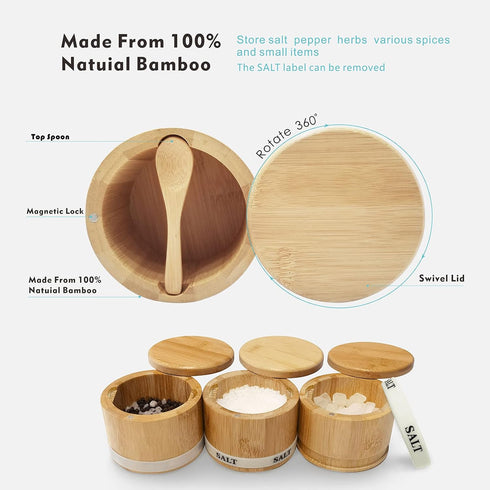 ThougrLyh Salt Box Bamboo Salt Container with Swivel Lid with Magnetic to Easily Open and Seal Salt Cellar With Spoon
