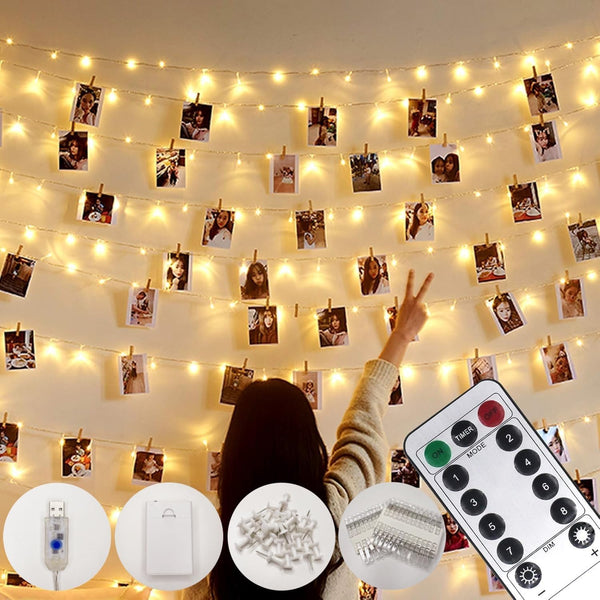 Microwear 33Ft Photo Clip String Lights,USB or Battery Powered,8 Modes 100 LED 10M