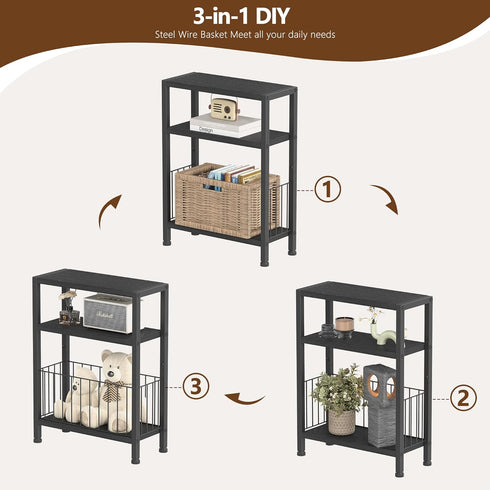 HET007BK1 Heybly Small Narrow Side Table for Small Space, Thin Bedside Table with Storage Basket, Skinny End Table