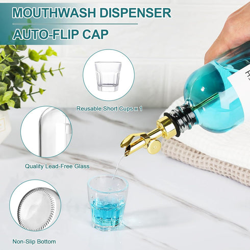 1 Pack, 17oz Mouthwash Dispenser for Bathroom, Glass Mouthwash Dispenser with Cup, Mouth Wash Container Bottle