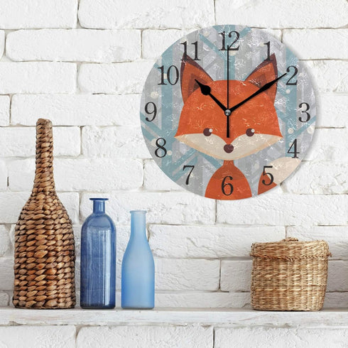 senya Wall Clock Brown Fox, Silent Non Ticking Operated Round Easy to Read Home Office Clock