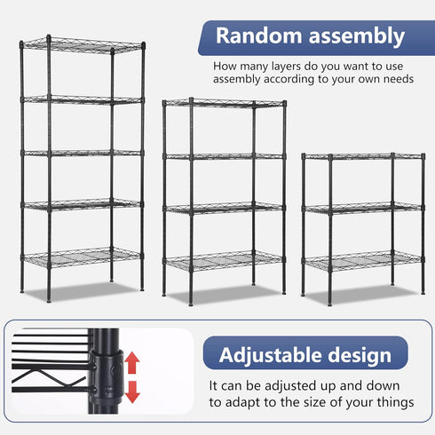 FDW 5 Tier Pantry Shelves, Adjustable Storage Rack Metal Shelf NSF Units for Kitchen, Garage, Small Places, Black