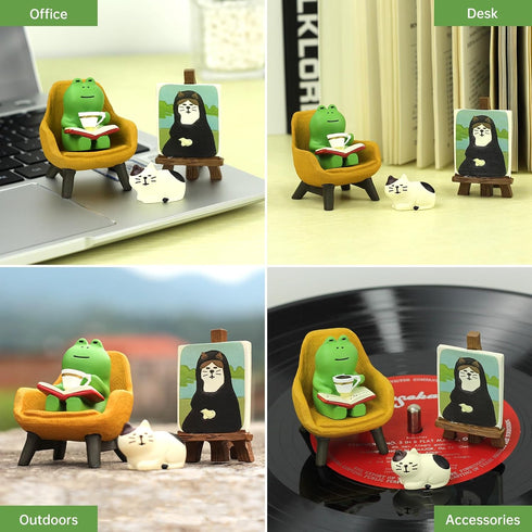 RAQWI Set Cute Frog Reading on Yellow Sofa Figurine with Cat Painting & Kitten Statue, Mini Resin Animal for Office