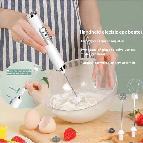Rechargeable Milk Frother, 3-Speed Electric Handheld Frother for Coffee with 2 Whisks and Decoration Tool