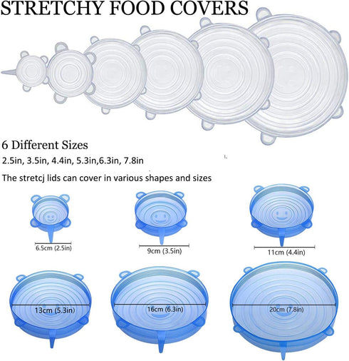 JIGUOOR 6 Pack Silicone Stretch Lids, Reusable Food Storage Covers, 6 Sizes, Microwave Safe, Easy Clean