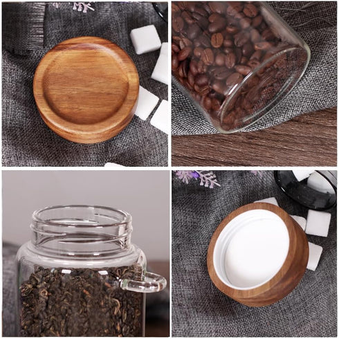 Set, 4 16 OZ SAIOOL Loose Leaf Tea Storage Canister Pieces Glass Tea Containers with Wooden Lids and Spoons for Loose
