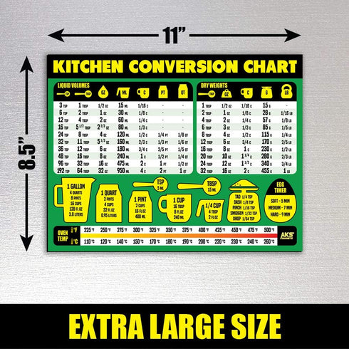 Kitchen Conversion Chart Magnet - Extra Large 11” x 8.5” Measurement Cheat Sheet for Cooking and Baking Recipes