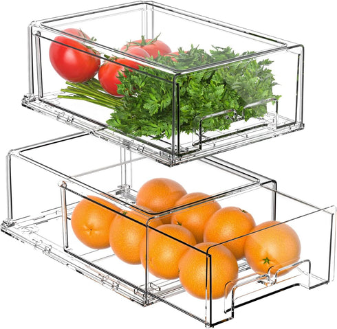 Stackable Fridge Organizer Bins - 2 Pack Refrigerator Drawers for Storage, Clear Fruit Containers for Fridge, Berry