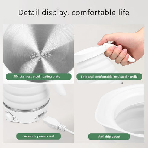 Portable Travel Foldable Electric Kettle, 850W Fast Boiling, Food Grade Silicone, 700ml, 110V, White