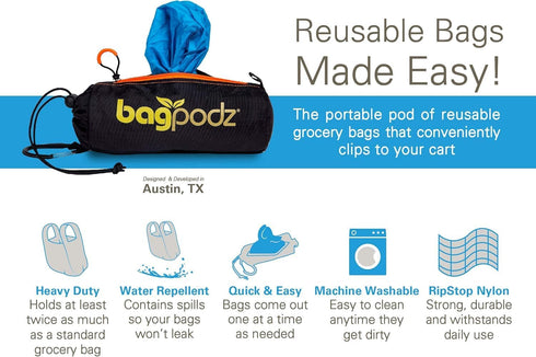 BagPodz 50lbs 5 Pack Sturdy Reusable Grocery Bags Foldable and Washable - Made From RipStop Nylon Hold - Designed