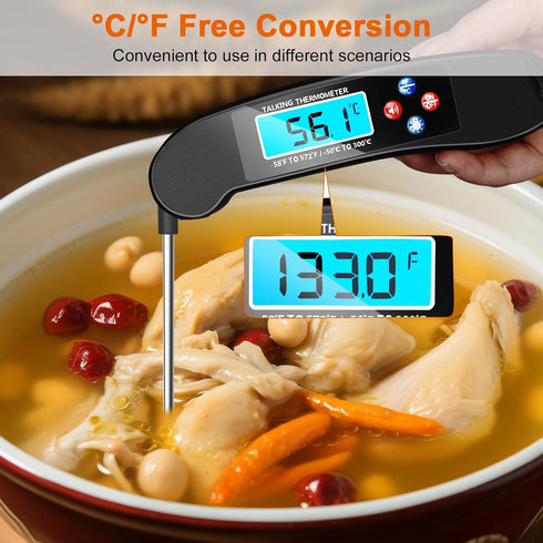 Digital Talking Thermometer - Waterproof Instant Read Food Thermometer with Backlight & Probe for Cooking and Grilling