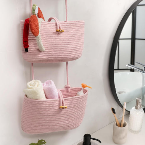 3-Tier TeoKJ Over the Door Hanging Baskets with Button Strap, Woven Cotton Storage Organizer Bag, Wall-Mounted