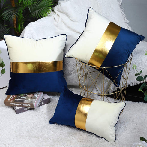 Navy Blue Beige Gold Leather Patchwork Velvet Throw Pillow Cover, Set of 2 Luxury Modern Home Decor Cushion Cover 12x20