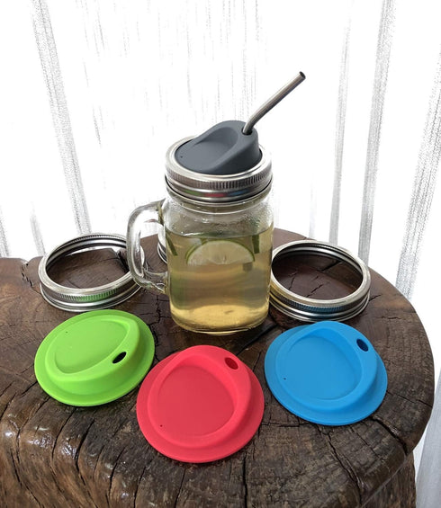 Reusable Food Grade Silicone Sip Lid Kit with Stainless Steel Rings for Mason Jars, Pack of 4 Sets (Wide Mouth)