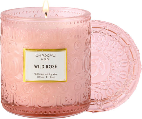 Chloefu LAN Wild Rose Candle - Luxury Jar Candle for Home Scented, Natural Soy Wax, 8.1 oz, 55 Hours Burn