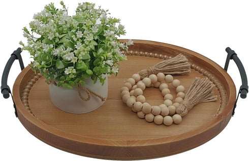 Oval Rustic Wooden Decorative Tray, Serving Tray with Metal Handles, Ottoman Coffee Table Tray, Farmhouse Centerpiece