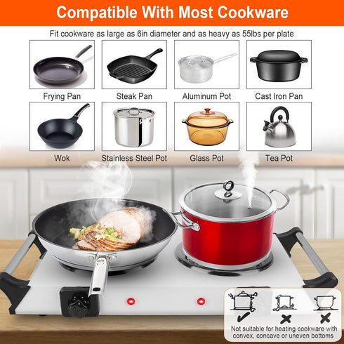 Electric Hot Plate, 2000W Double Burner with Adjustable Temperature & Handles, Black Stainless Steel Cooktop for Home