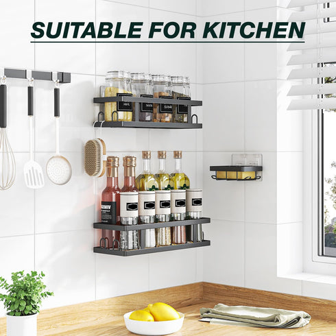 12 Storage,Black,3 Pack Youvip Adhesive Shower Caddy,Shower Shelves with Soap Holder and Hooks,Rustproof No Drilling