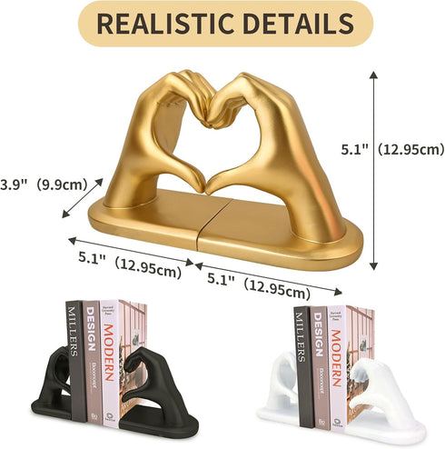 Kityemo Gold Decorative Bookends for Shelves, Heart Hands Book Ends Sculpture Aesthetic Decor for Bedroom Living Room
