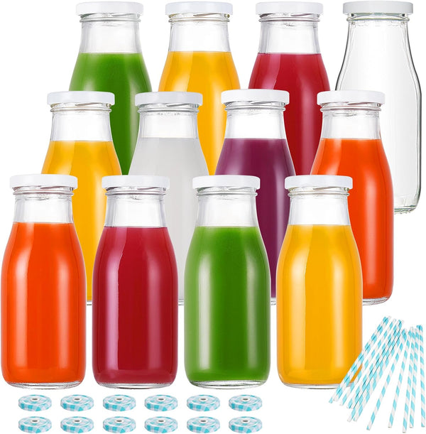 YEBODA 11oz Glass Milk Bottles with Reusable Metal Twist Lids and Straws