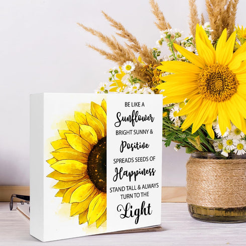 Creoate Inspirational Wood Block Sign Desk Decor - Be Like a Sunflower, Positive Uplifting Decor for Home